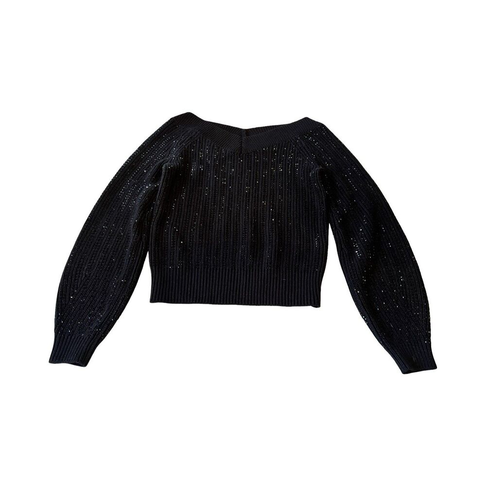 INC International Concepts Womens Ribbed Metallic V-Neck Cropped Sweater Black S